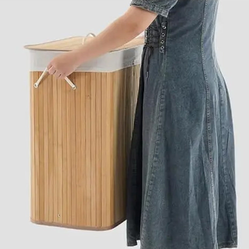 Bamboo Laundry Hamper 106L – Dual Compartment with Lid & Washable Liner