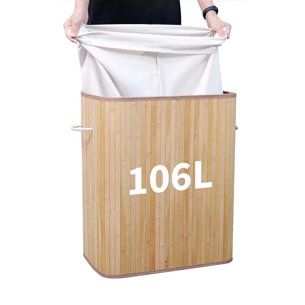 Bamboo Laundry Hamper 106L – Dual Compartment with Lid & Washable Liner