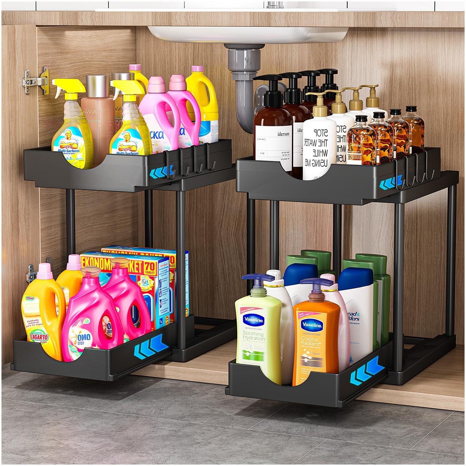 Under Sliding Cabinet Basket Organizer 2 Tier Storage Under Sink Cabinet
