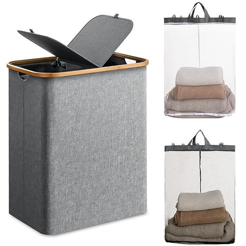 145L Foldable Laundry Hamper with Lid & 2 Removable Bags – 600D Oxford Fabric