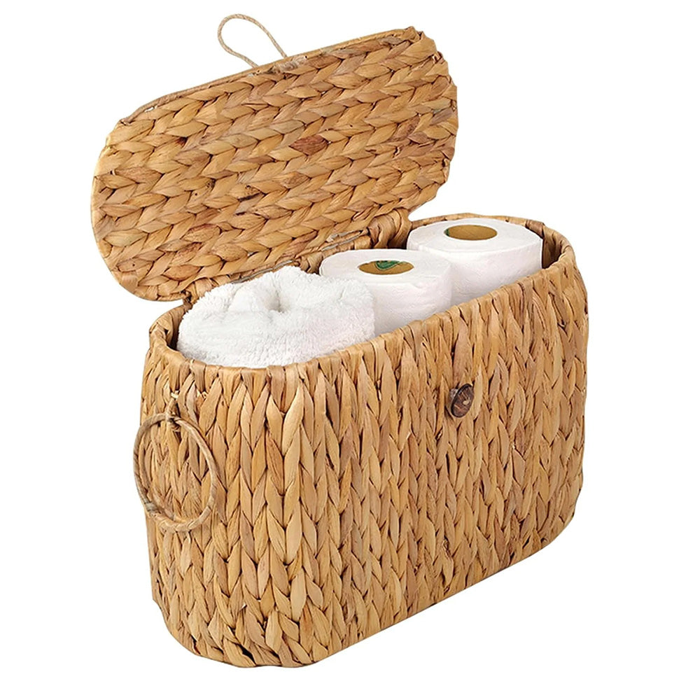 Water Hyacinth Toilet Paper Basket with Lid – Holds 6 Rolls