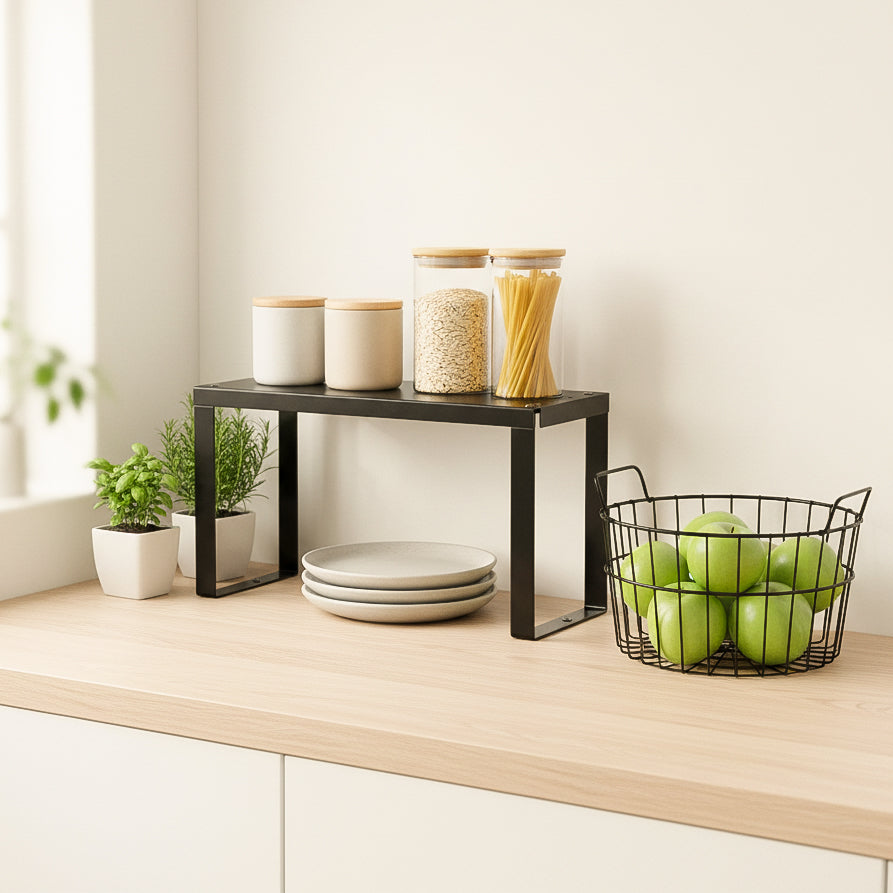 Modern black kitchen counter shelf 