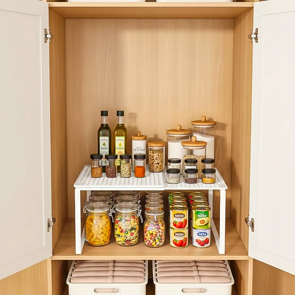 Cabinet expandable white shelf for jars, cans, bottle and kitchen items