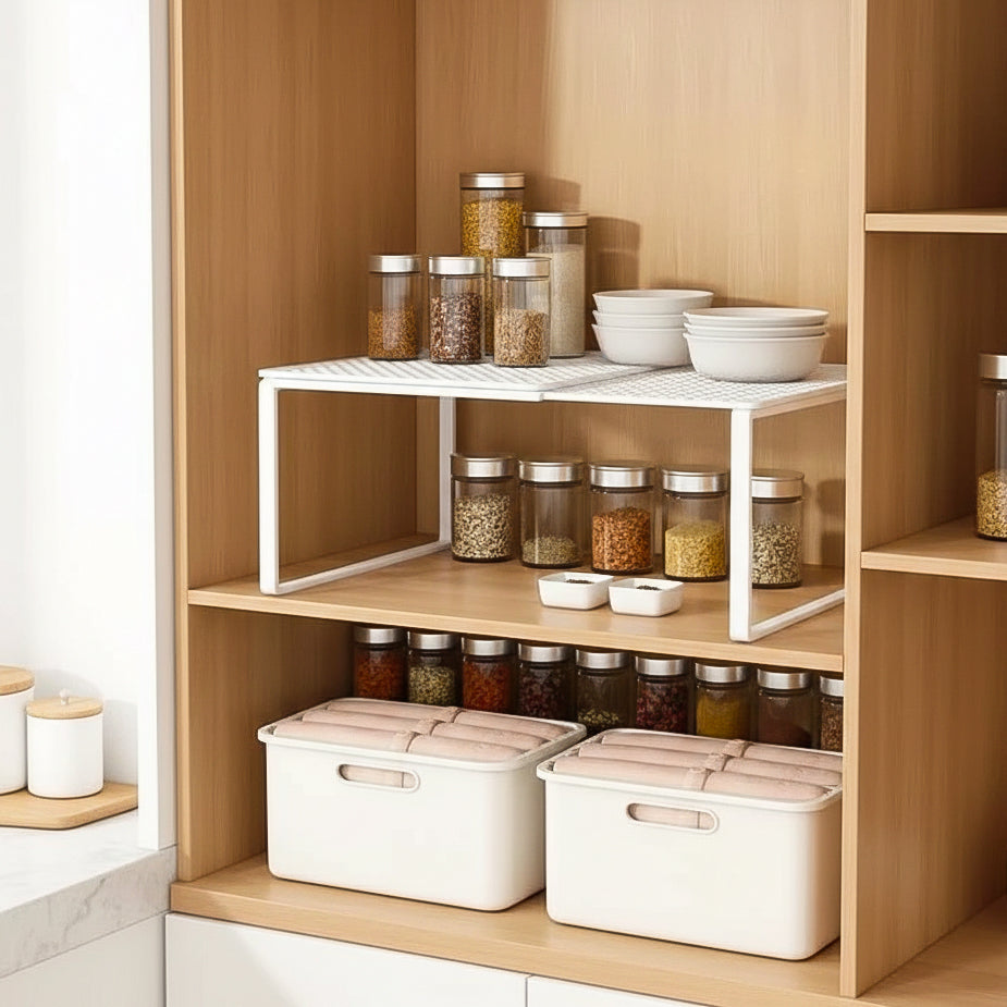 expandable white metal kitchen shelf
