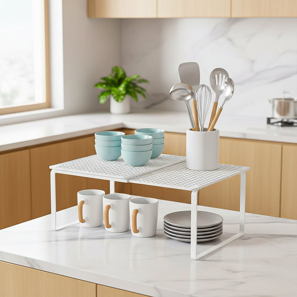 Expandable kitchen counter shelf with a white metal organizer for mugs, bowls, and utensils.