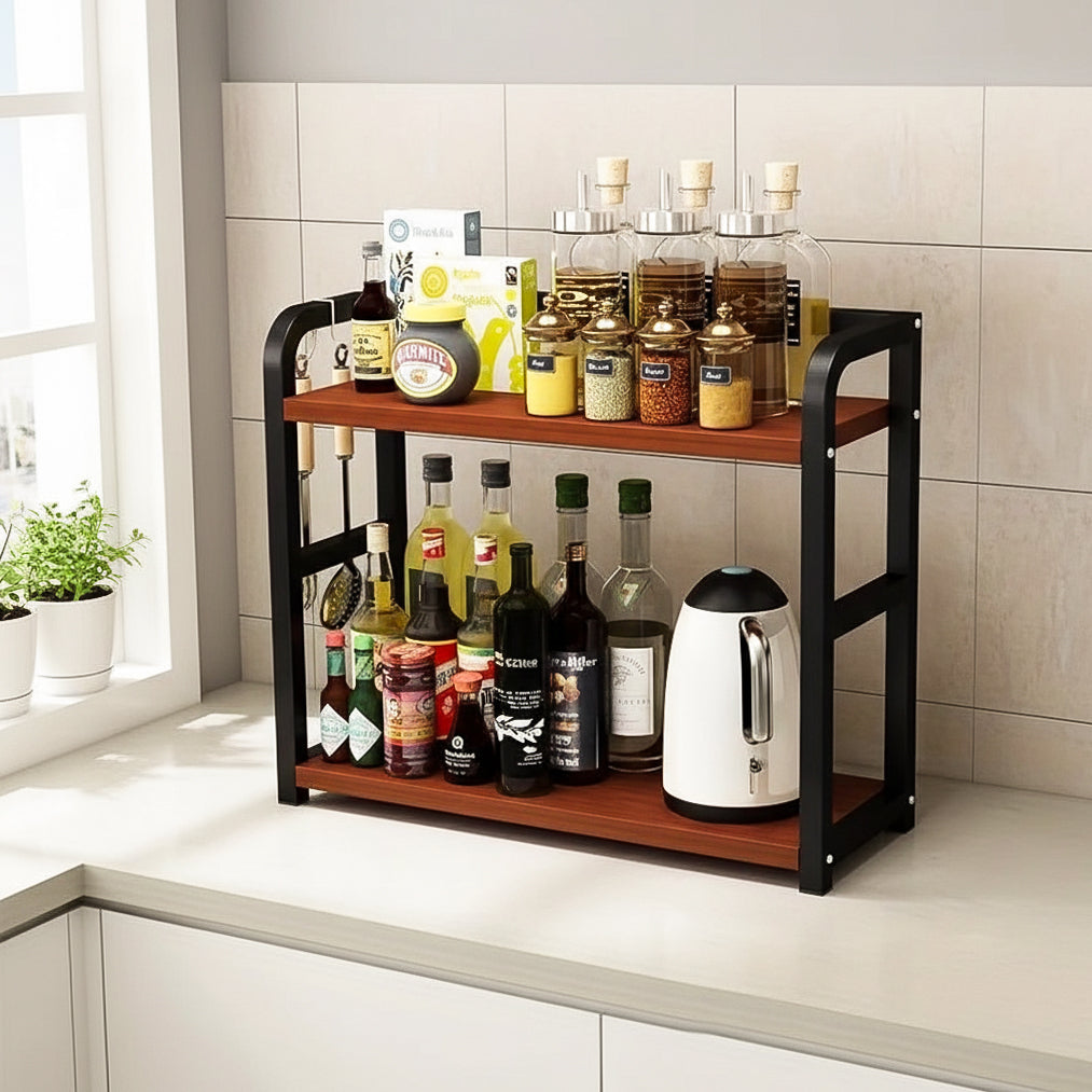 Kitchen shelf with various bottles and a kettle on a tiled wall background
