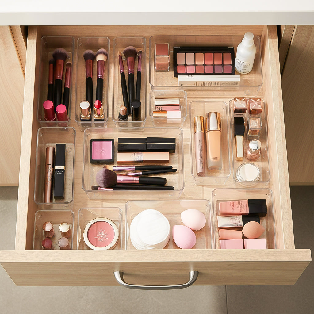 Multi Piece Clear Bathroom Drawer Organizer Set