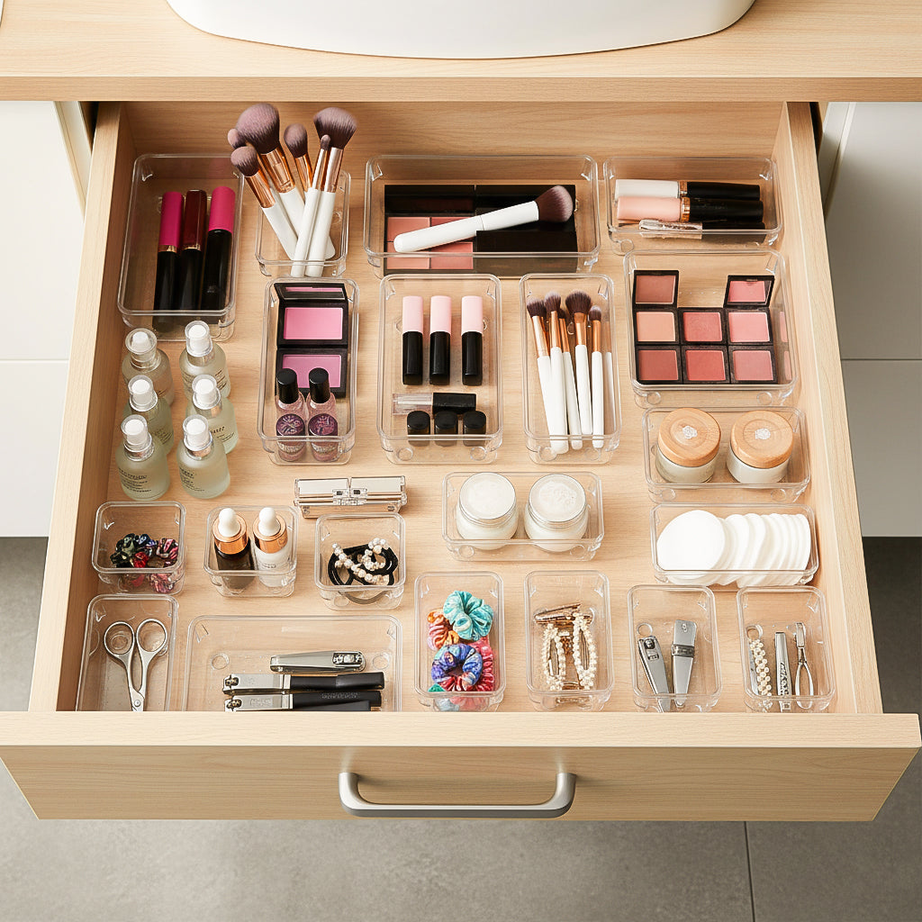 Multi Piece Clear Bathroom Drawer Organizer Set