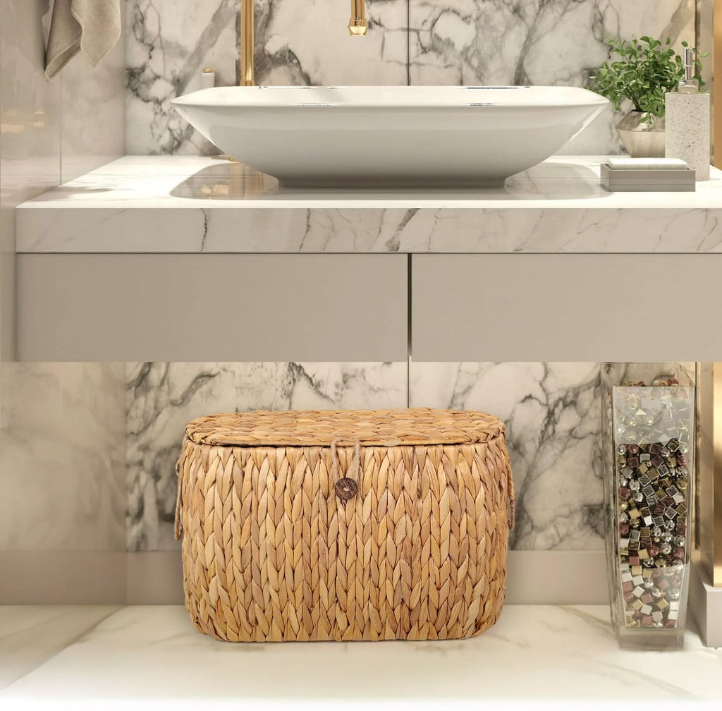 Water Hyacinth Toilet Paper Basket with Lid – Holds 6 Rolls