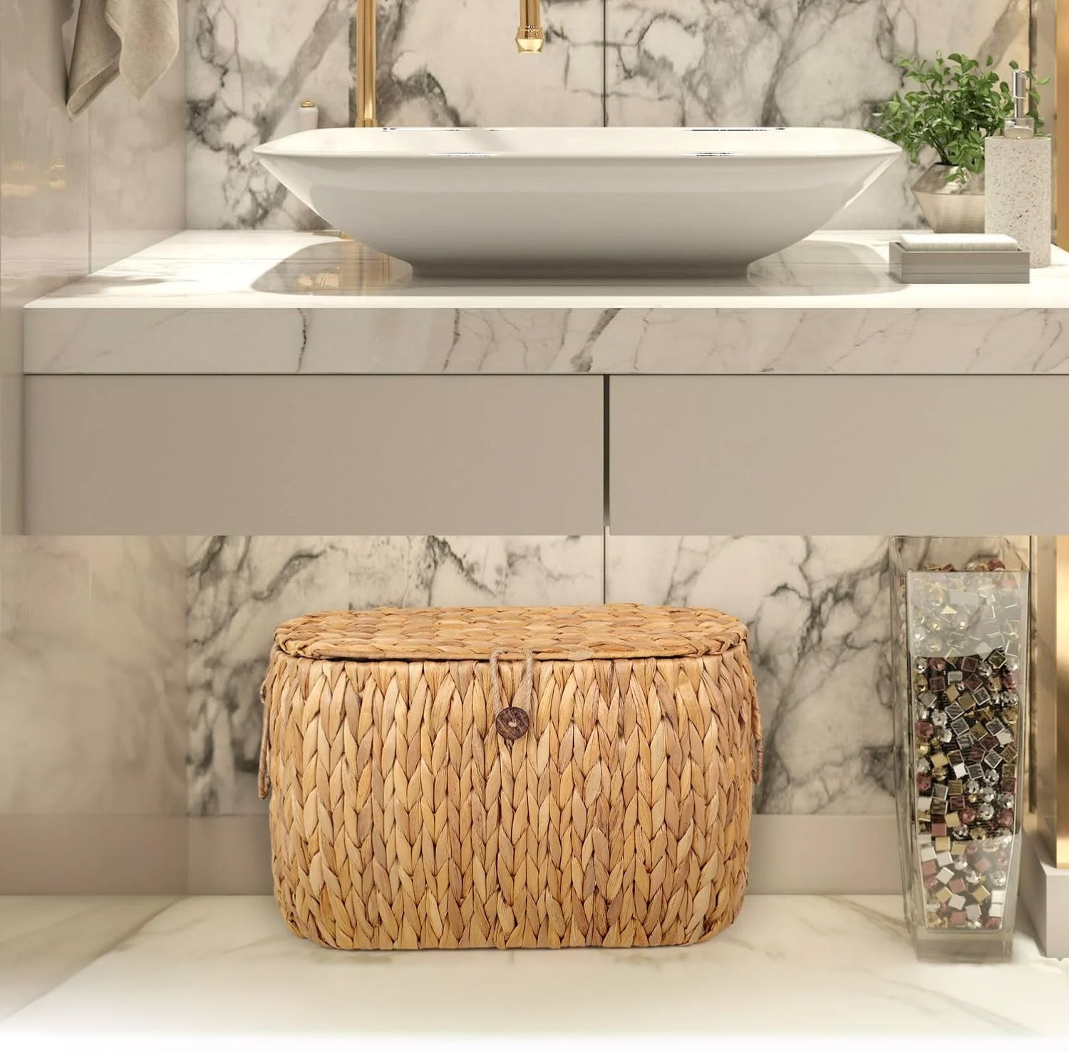 Water Hyacinth Toilet Paper Basket with Lid – Holds 6 Rolls