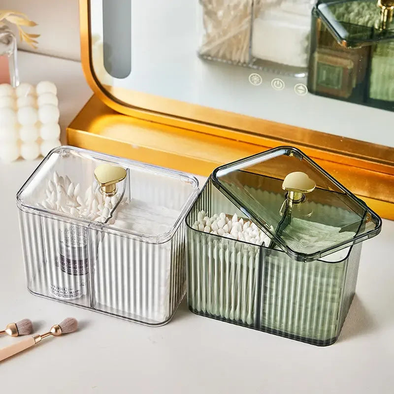 Ribbed Acrylic Cosmetic Organiser Box with Lid – Dustproof Storage for Cotton Pads & Swabs