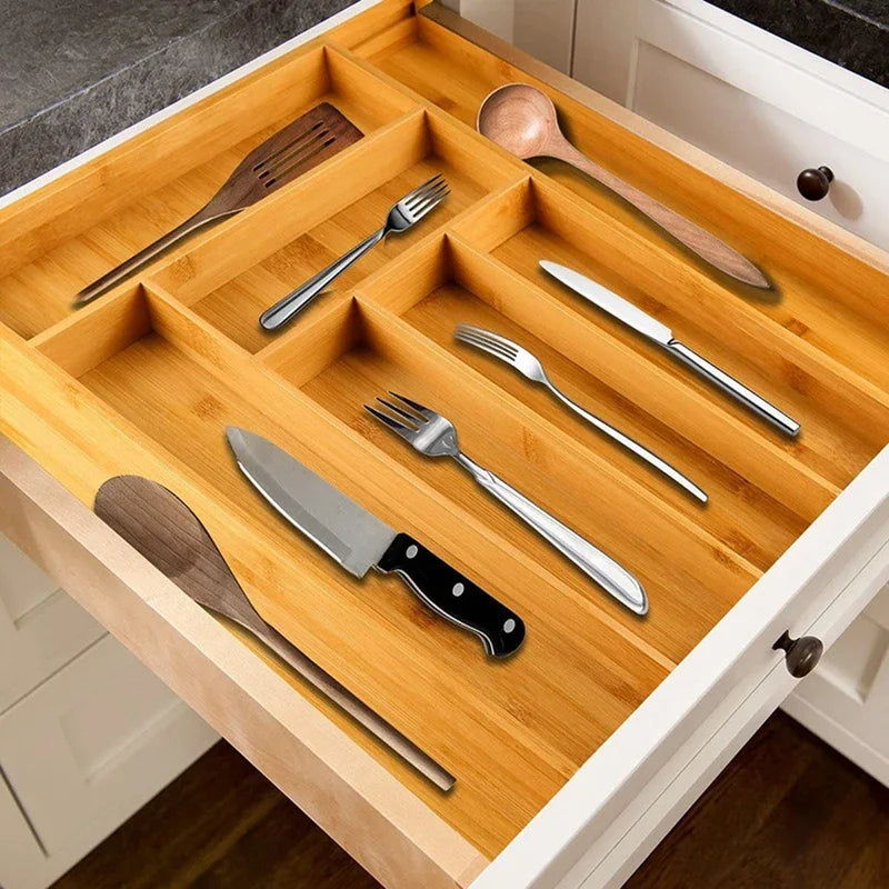 Expandable Bamboo Cutlery Organizer for Kitchen Drawer
