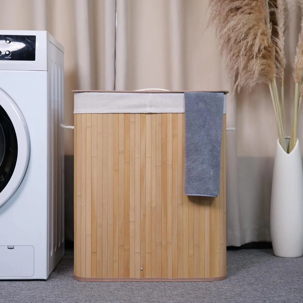 Bamboo Laundry Hamper 106L – Dual Compartment with Lid & Washable Liner