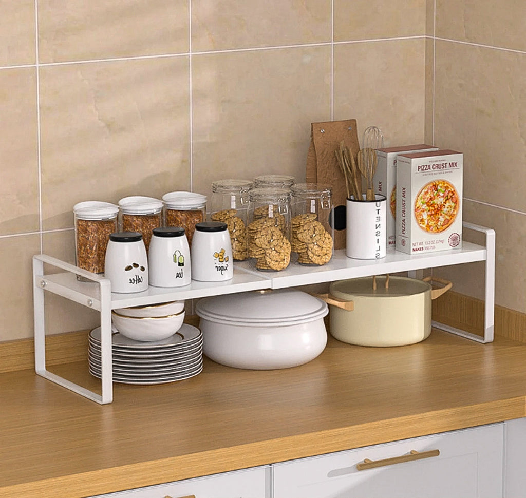 Expandable Metal Cabinet Shelf Rack – Double-Tier Kitchen & Home Organiser