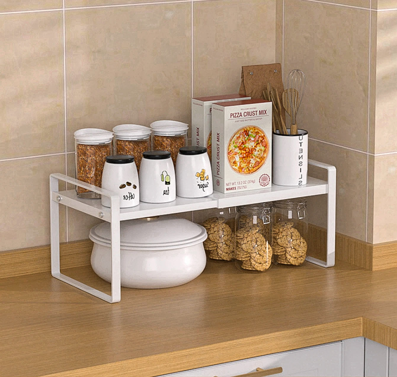 Expandable Metal Cabinet Shelf Rack – Double-Tier Kitchen & Home Organiser