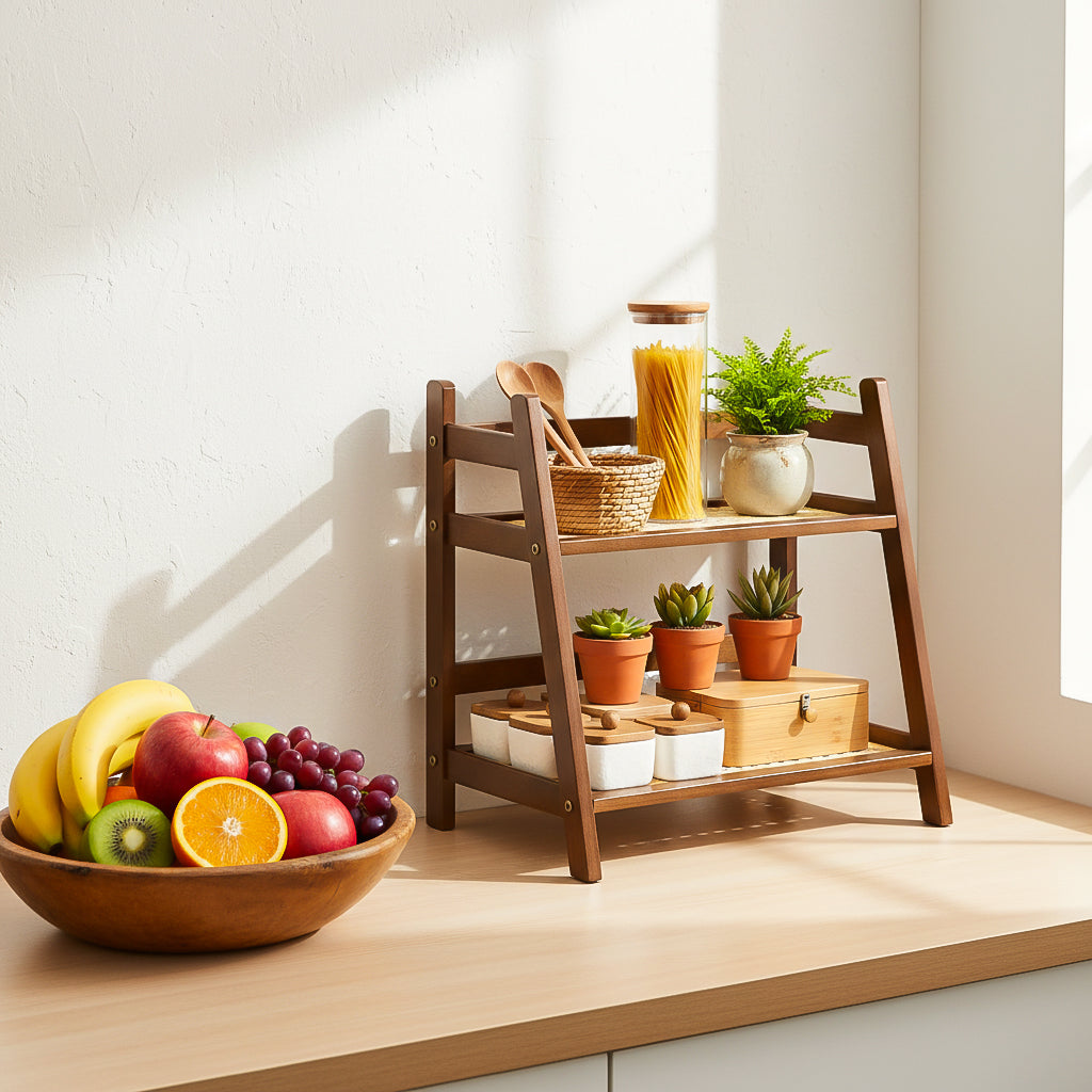 Wooden kitchen rack for fruits, pasta, and plants on a light wooden surface