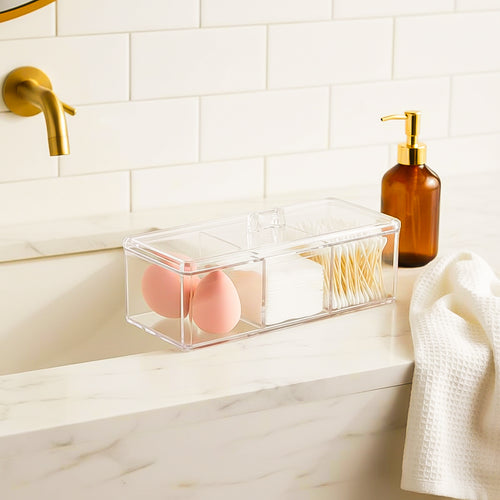 Acrylic Cotton Pad & Swab Organizer Box – Clear Desktop Cosmetic Storage