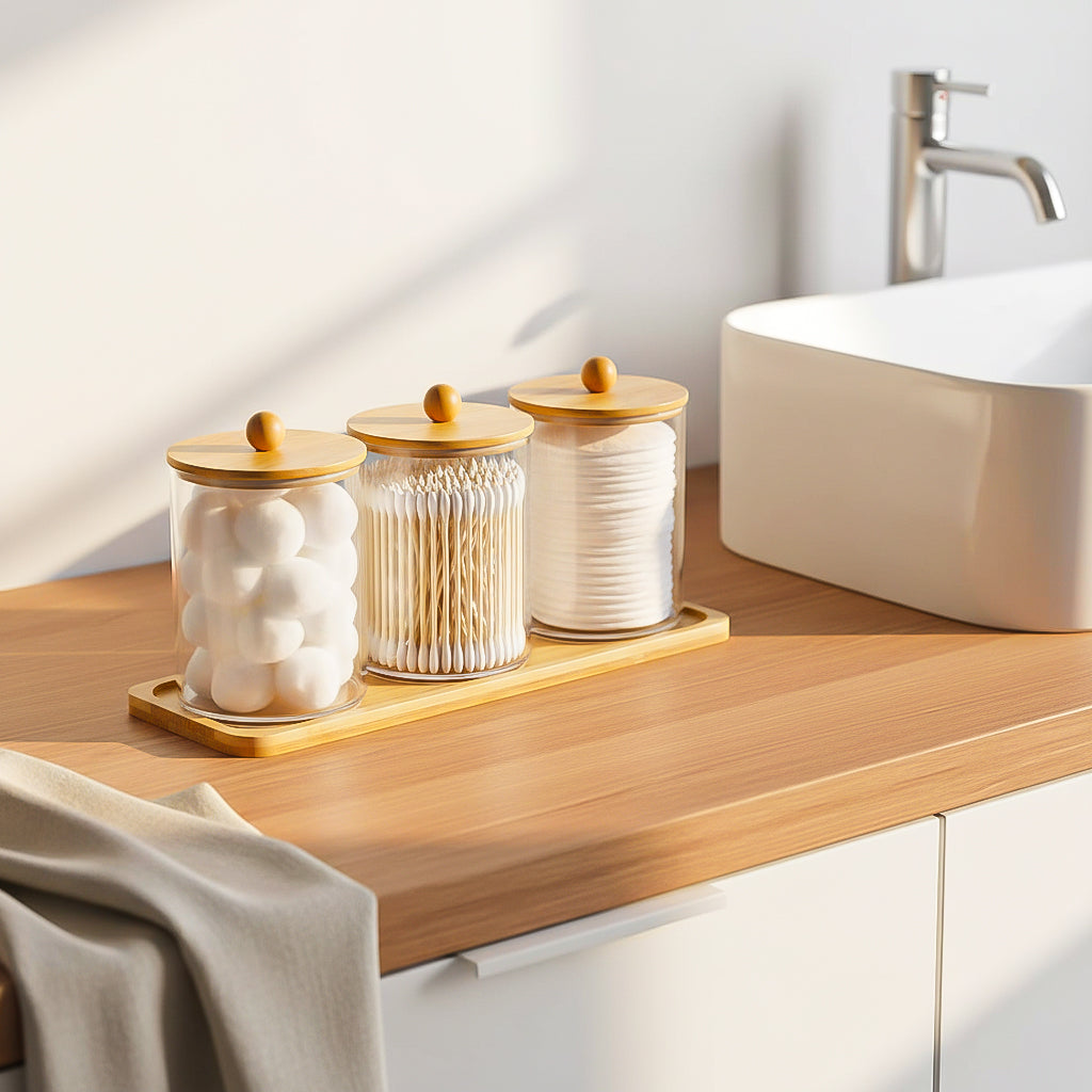 Bathroom Storage Jars with Bamboo Lids – 3 Piece Set
