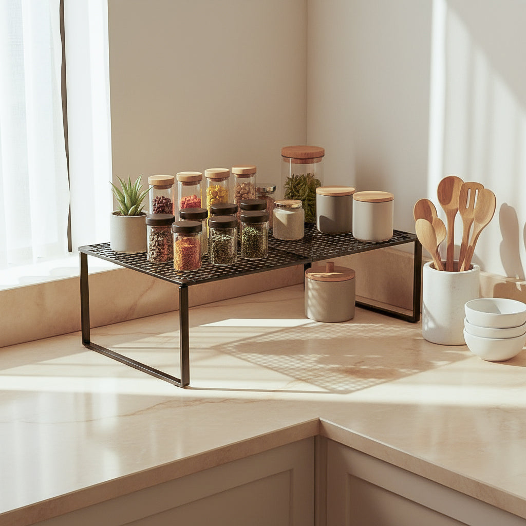 Expandable metal kitchen counter shelf 