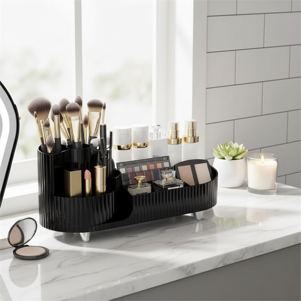 360° Rotating Cosmetic Storage Rack with Divided Compartments