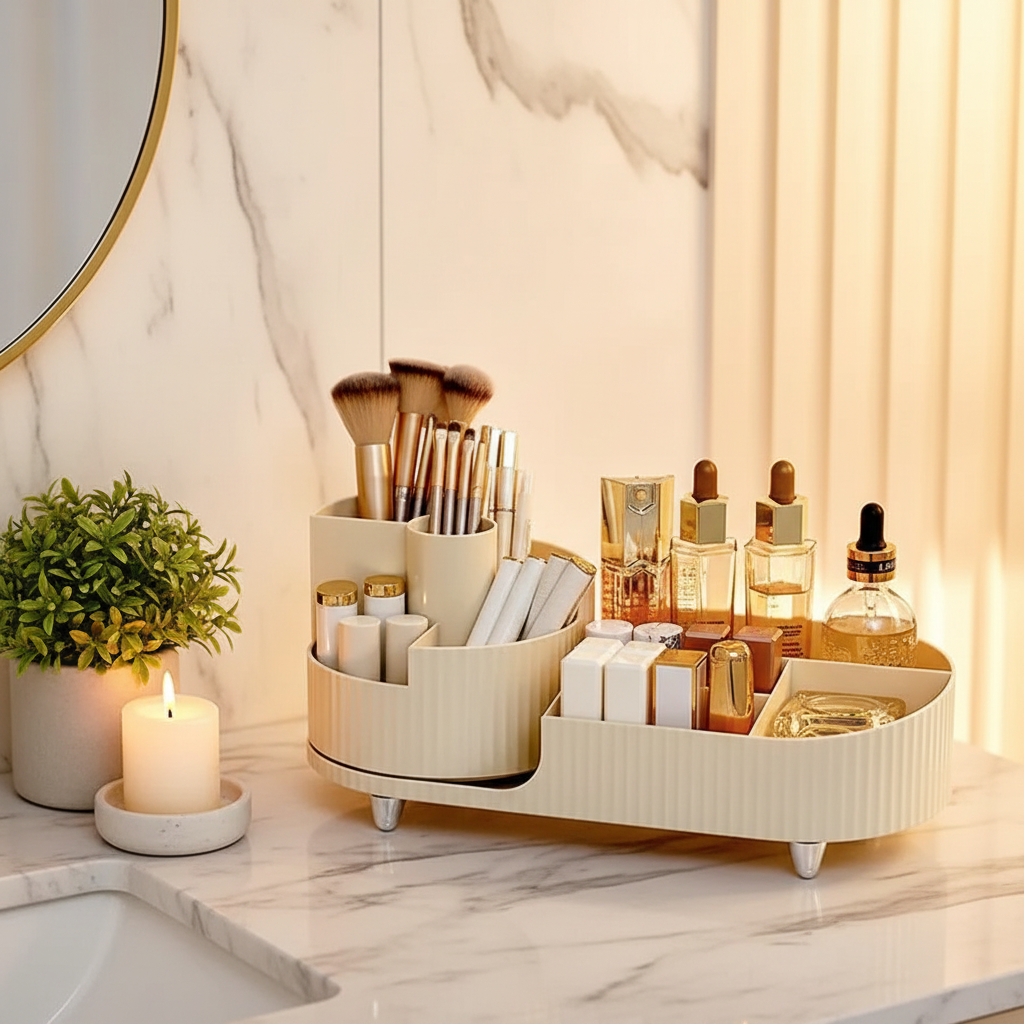 360° Rotating Cosmetic Storage Rack with Divided Compartments