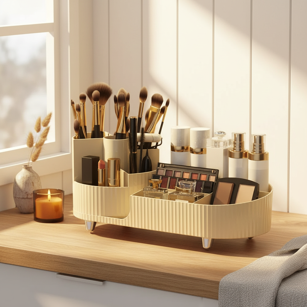 360° Rotating Cosmetic Storage Rack with Divided Compartments