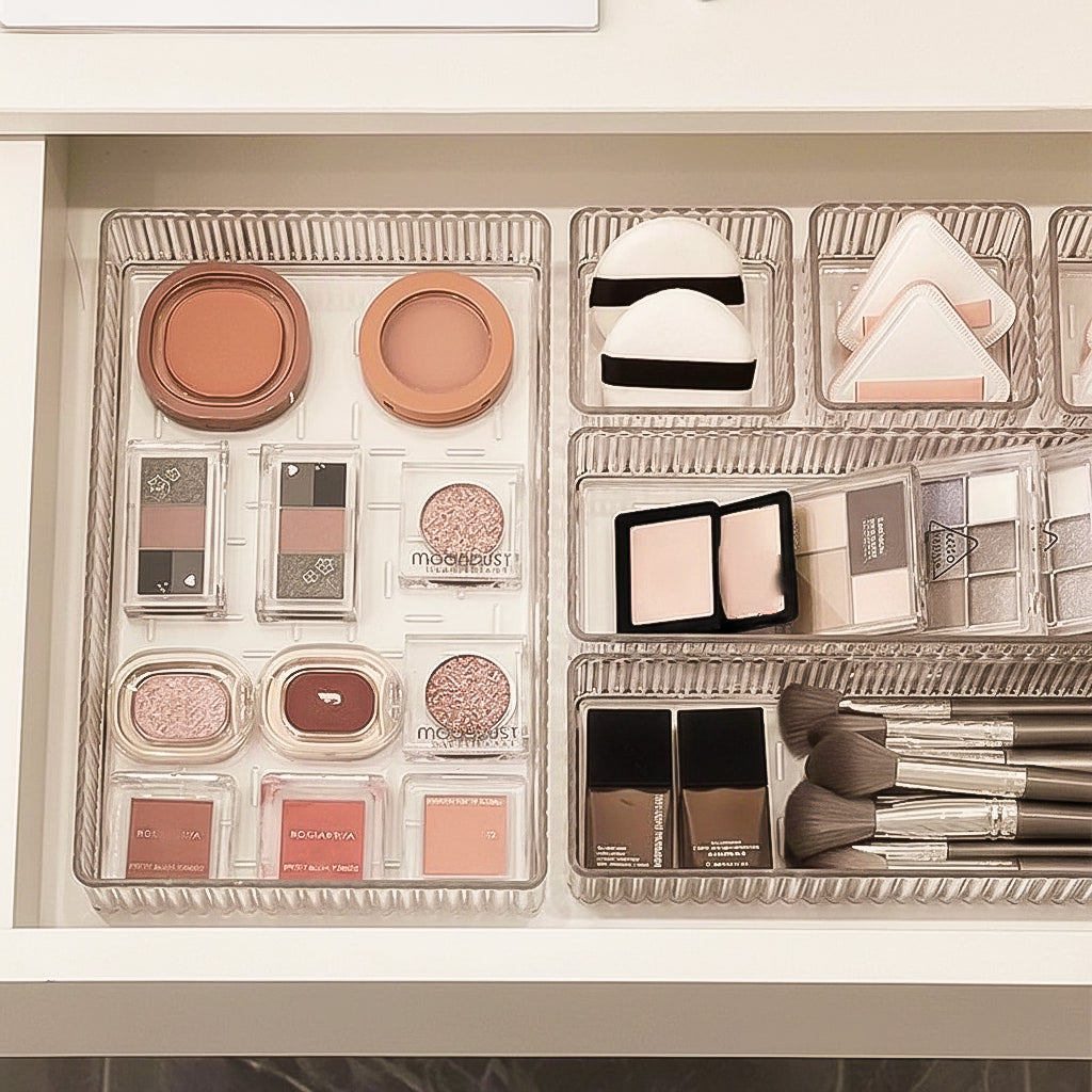 Multi Piece Clear Bathroom Drawer Organizer Set