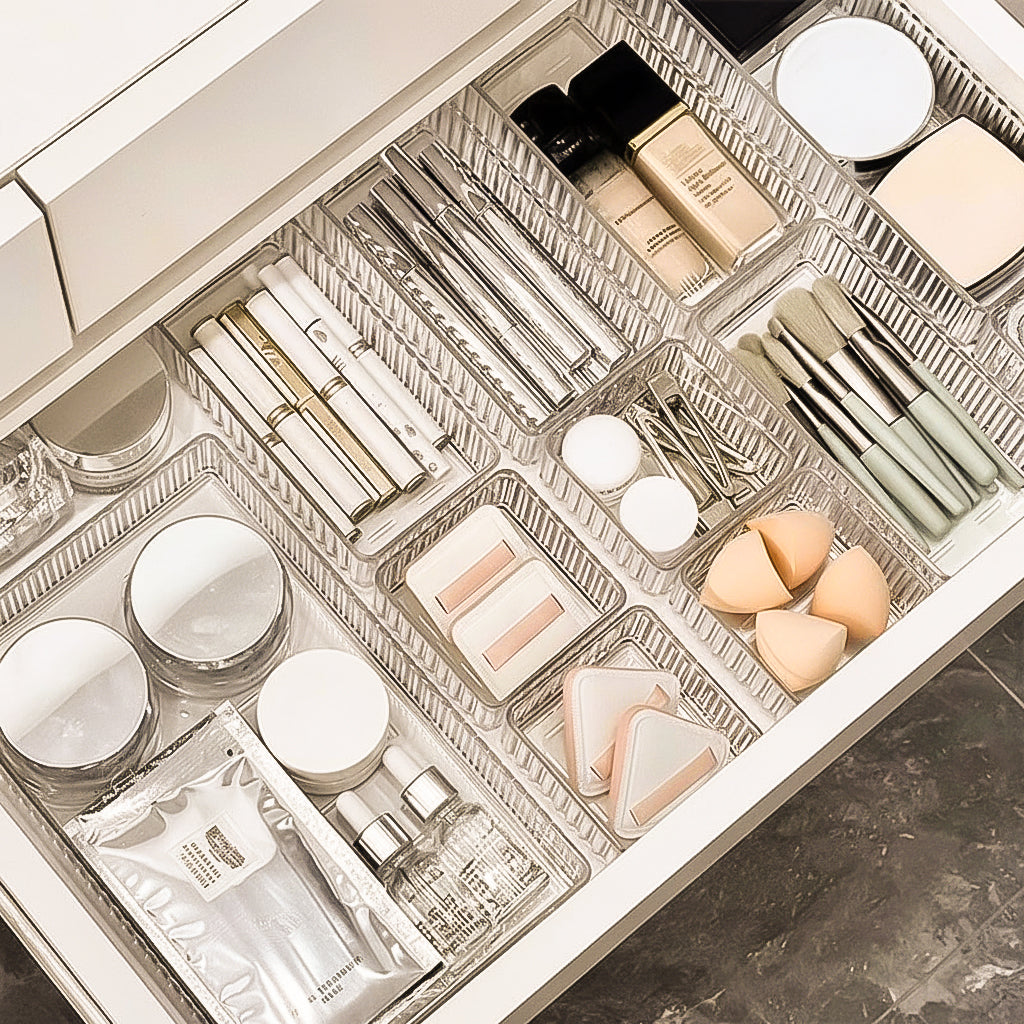Multi Piece Clear Bathroom Drawer Organizer Set