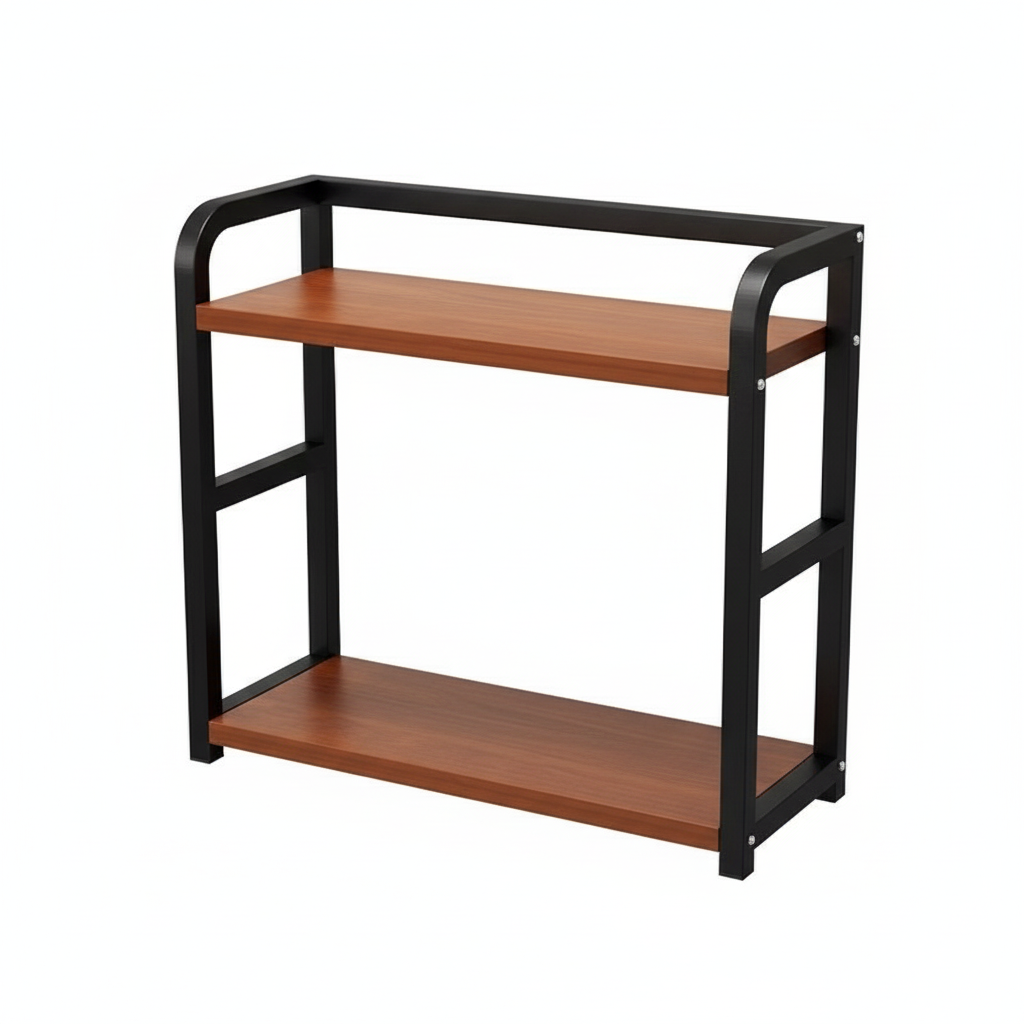 Two-tiered shelf with wooden shelves and black metal frame 