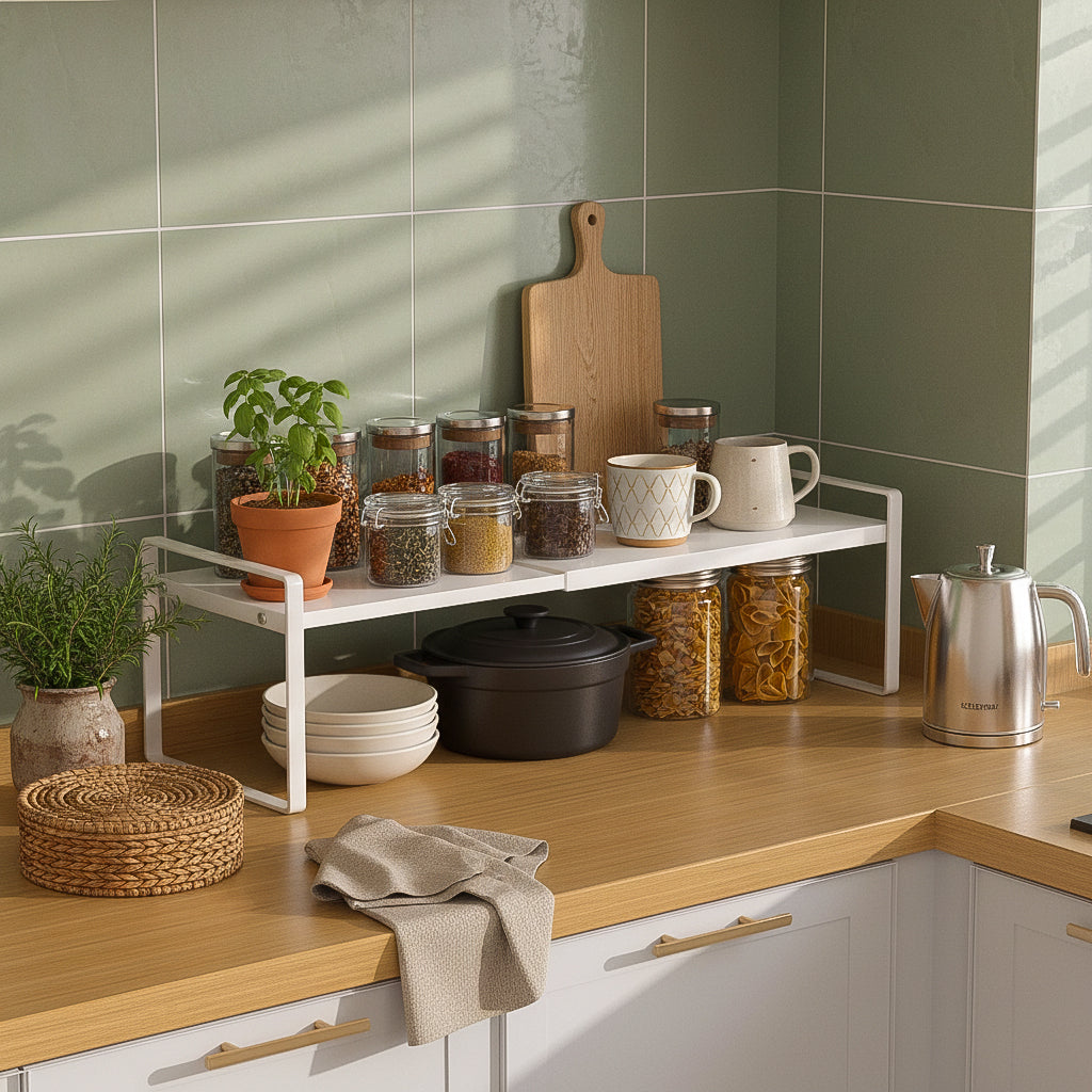 Expandable Metal Cabinet Shelf Rack – Double-Tier Kitchen & Home Organiser