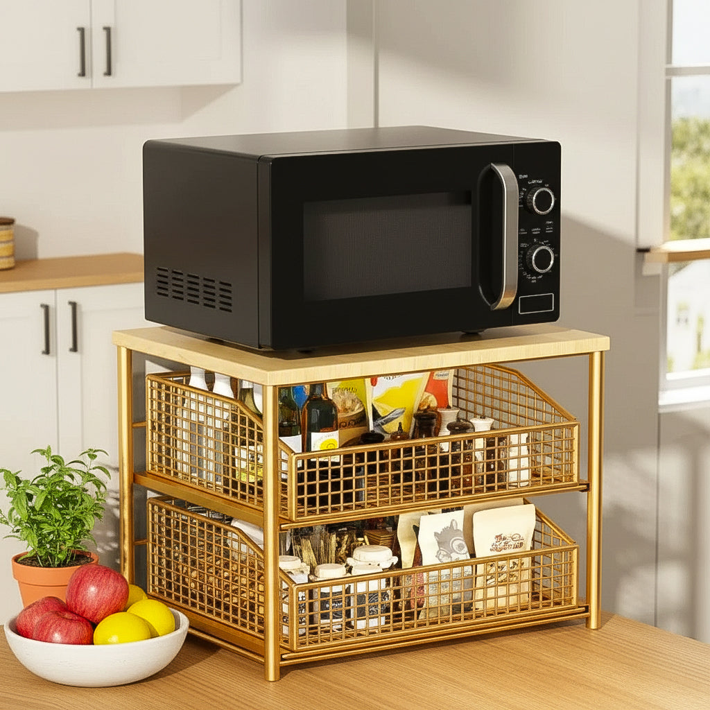 Double-Layer Microwave Stand with Drawers | Space-Saving Countertop Storage Rack
