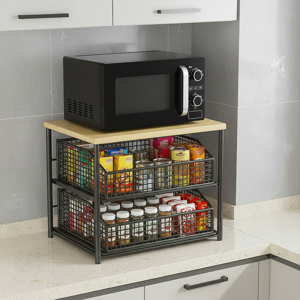 Double-Layer Microwave Stand with Drawers | Space-Saving Countertop Storage Rack