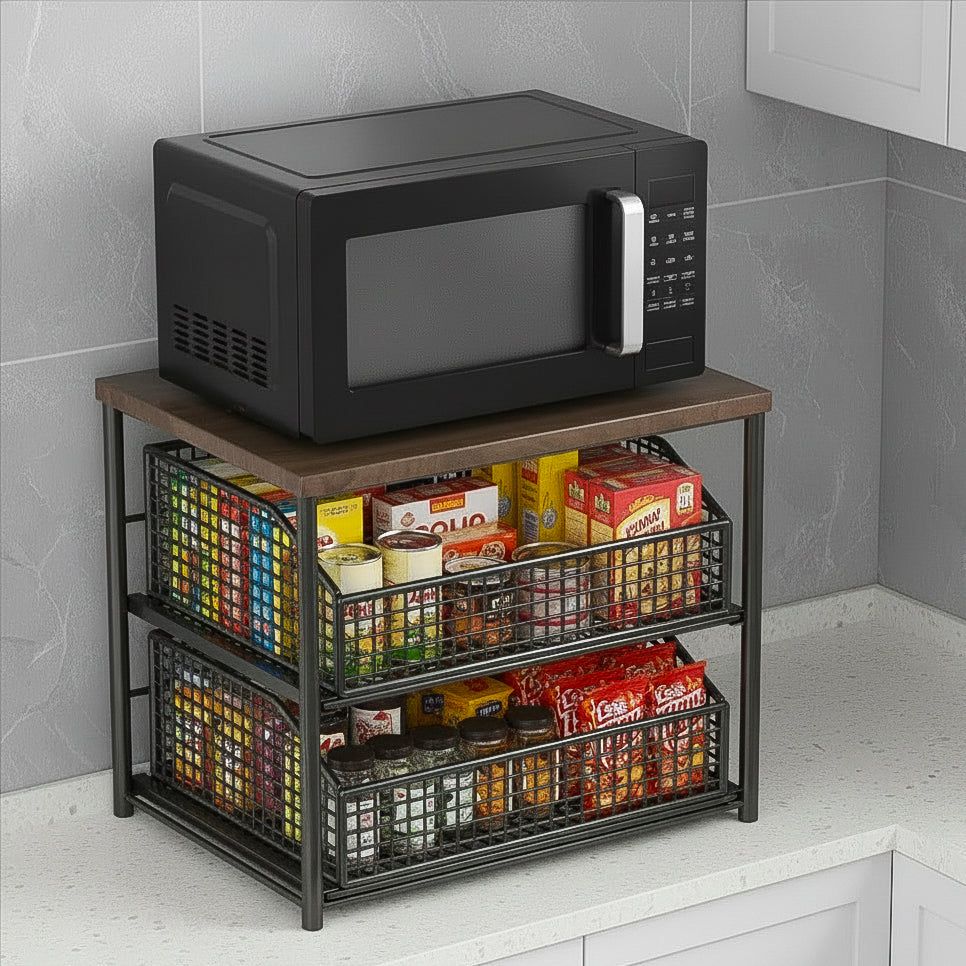 Double-Layer Microwave Stand with Drawers | Space-Saving Countertop Storage Rack