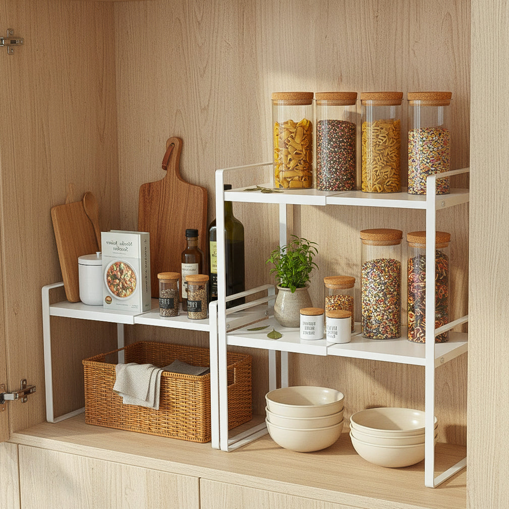 Expandable Metal Cabinet Shelf Rack – Double-Tier Kitchen & Home Organiser