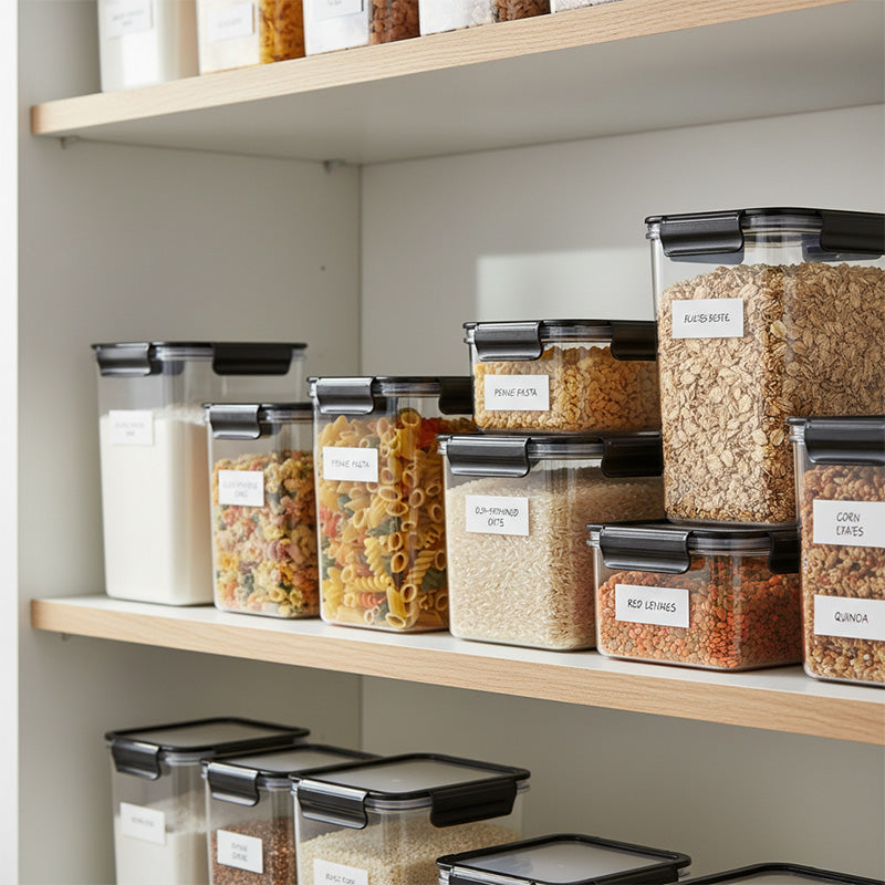 Storage containers with labeled food items on a shelf