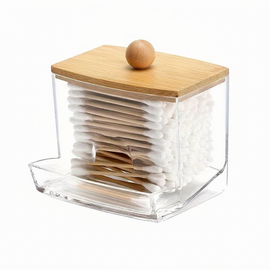 Square Clear Acrylic Cotton Swab Dispenser Jar with Bamboo Lid