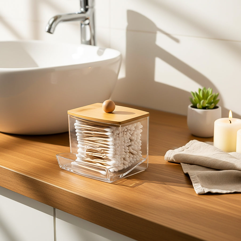 Square Clear Acrylic Cotton Swab Dispenser Jar with Bamboo Lid