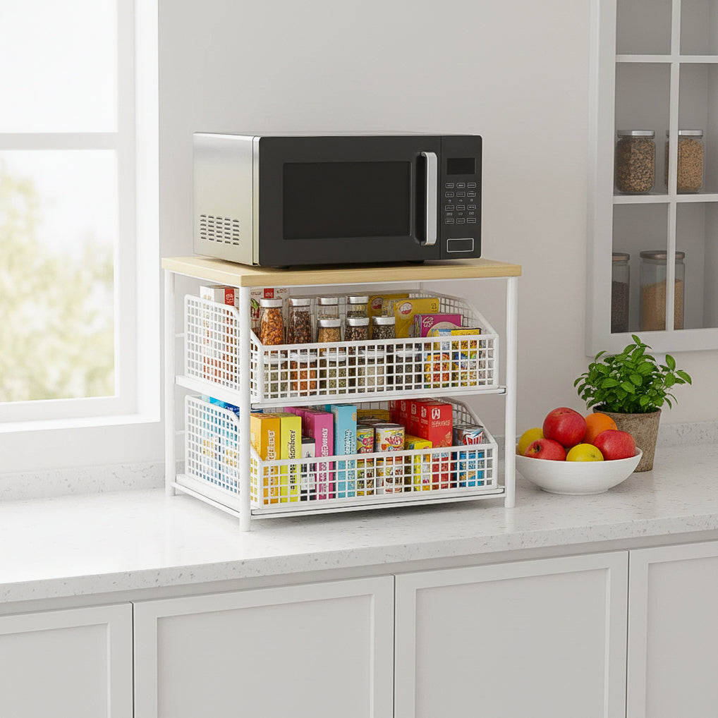 Double-Layer Microwave Stand with Drawers | Space-Saving Countertop Storage Rack